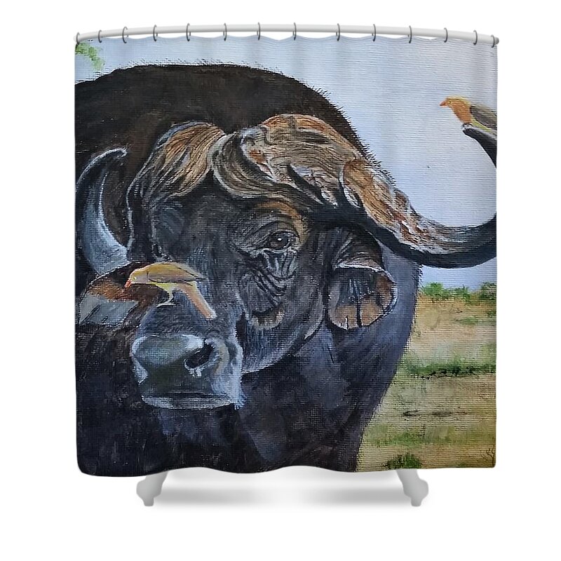 Cape Buffalo Shower Curtain featuring the painting Ox Peckers at your service by Michael Miller