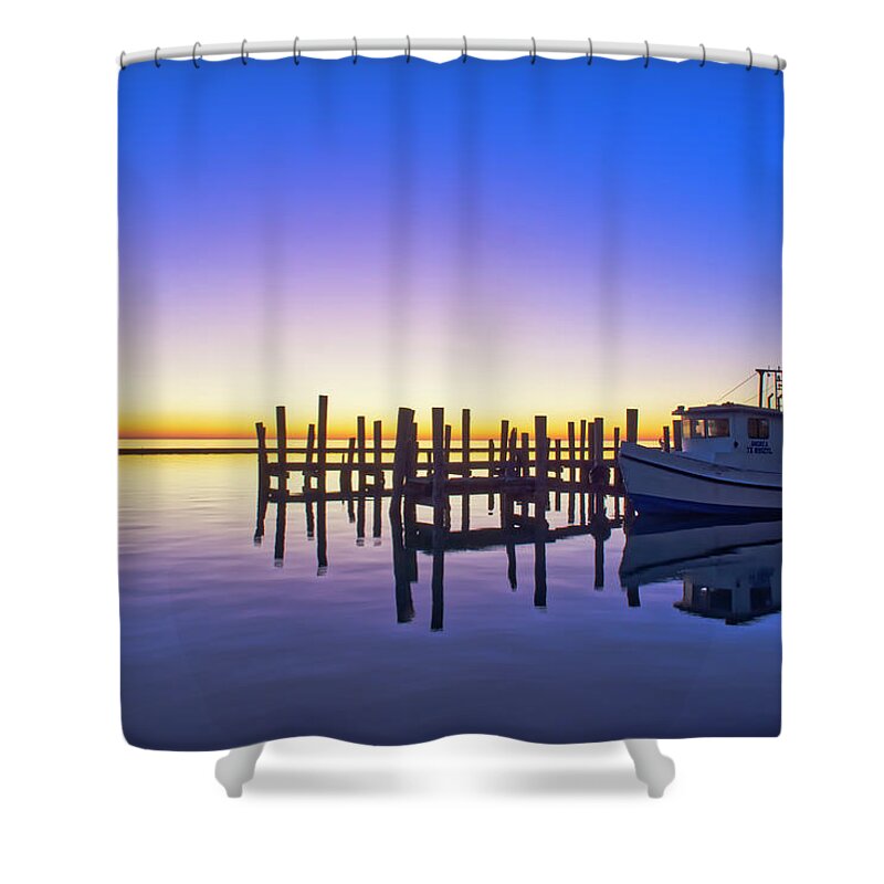 Boat Shower Curtain featuring the photograph Oyster Boat Reflections by Ty Husak