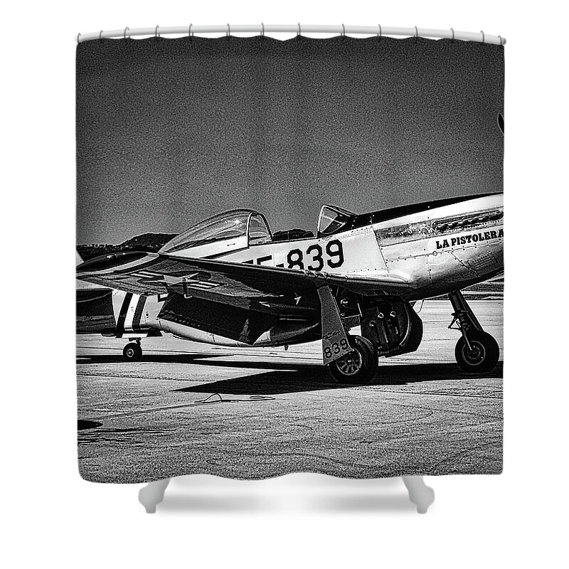 Airplane Shower Curtain featuring the photograph P-51 Cadillac Of The Sky's BW by Rene Vasquez