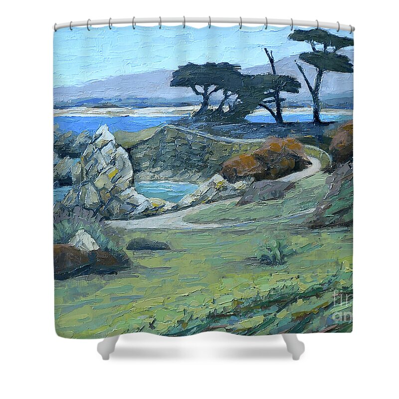 Monterey Shower Curtain featuring the painting Pacific Grove Cypress by PJ Kirk