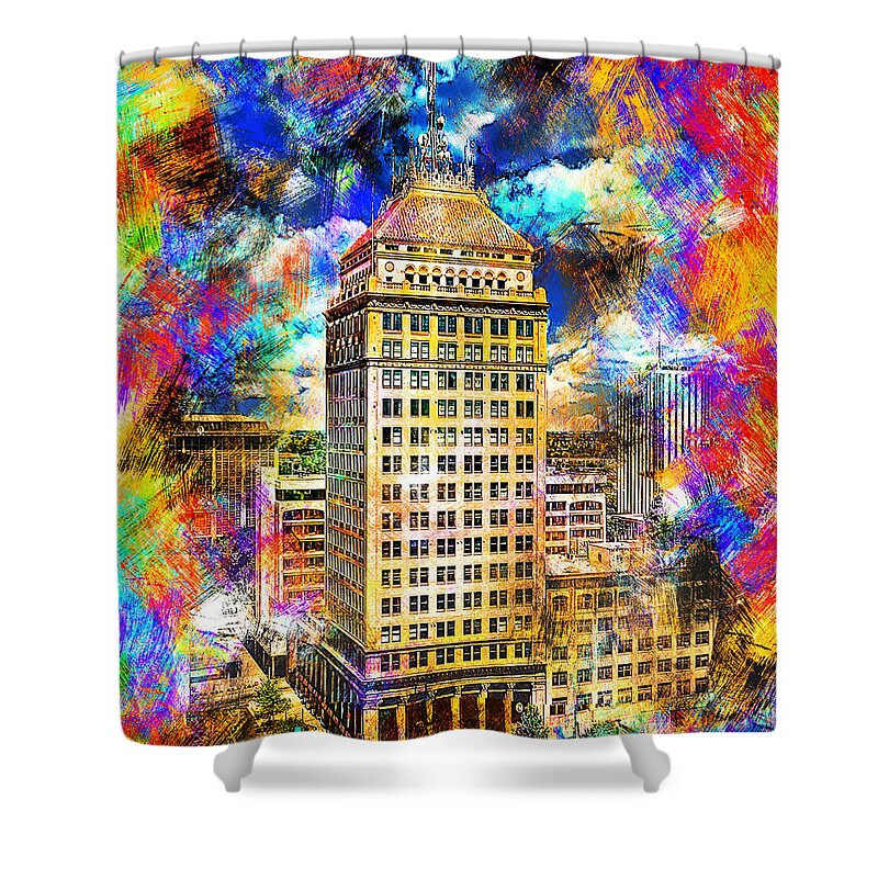 Pacific Southwest Building Shower Curtain featuring the digital art Pacific Southwest Building in Fresno - colorful painting by Nicko Prints