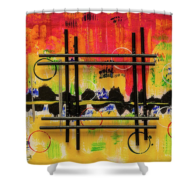 Abstract Shower Curtain featuring the painting Pagoda Abstract by Marc Lanclus