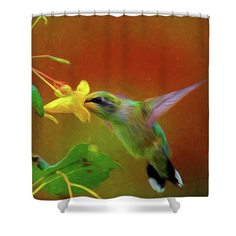 Ruby-throated Hummingbird Shower Curtain featuring the digital art Painted Hummer III by Dawn J Benko