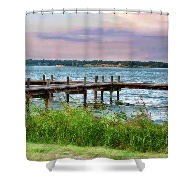 White Rock Lake Shower Curtain featuring the photograph Painted Pier by Joan Bertucci