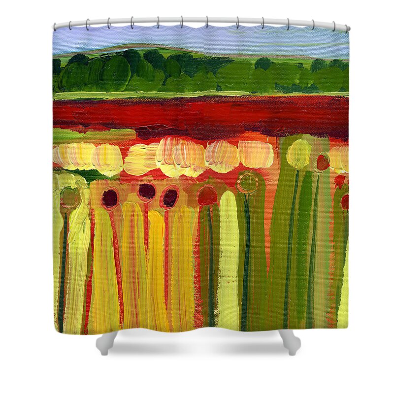 Abstract Shower Curtain featuring the painting Skagit Fields in Red No 2 by Jennifer Lommers