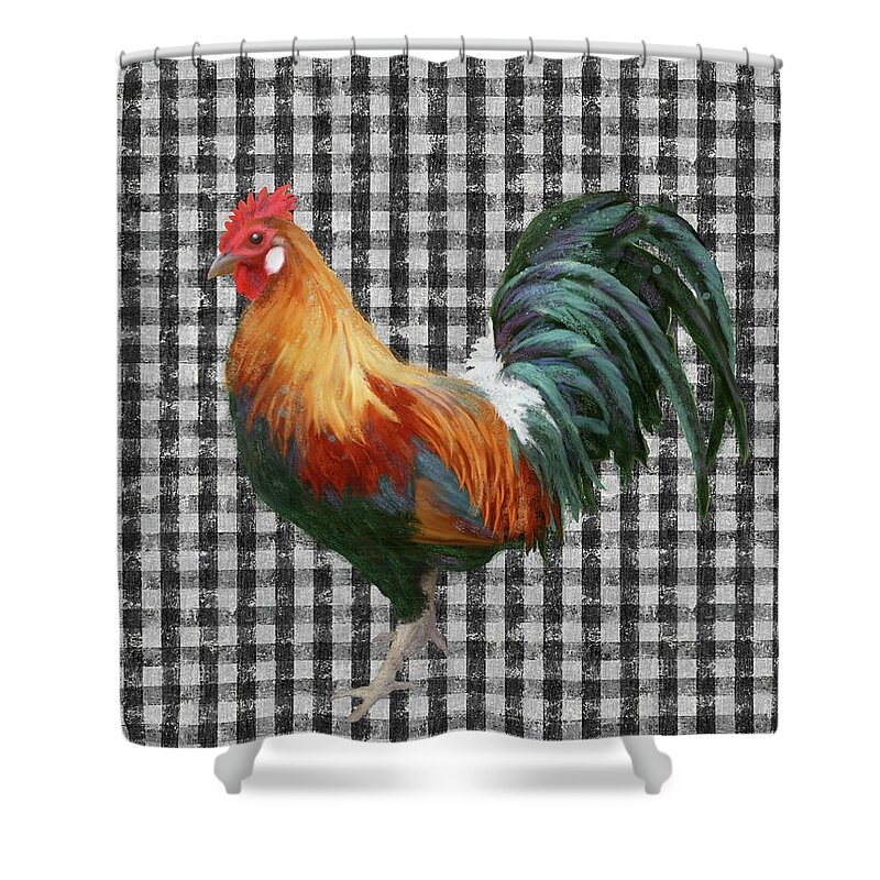 Black And White Shower Curtain featuring the painting Painterly Black and White Rooster over Gingham Farmhouse Decor by Audrey Jeanne Roberts