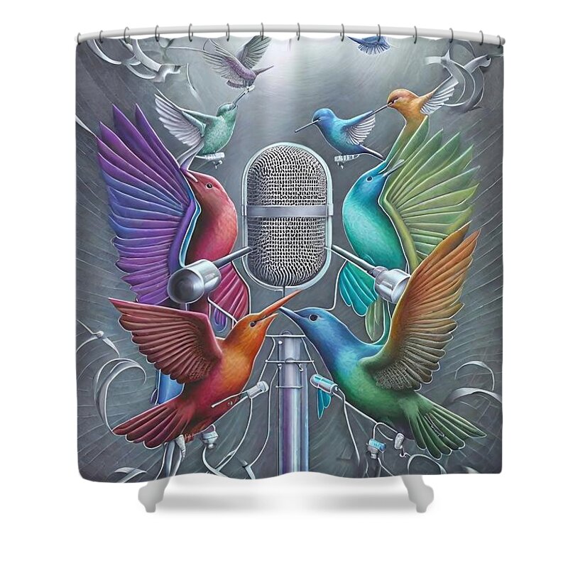 Music Shower Curtain featuring the painting Painting Animalia 21 Trochilidae music illustrati by N Akkash