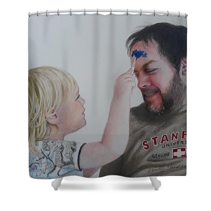 Blue Shower Curtain featuring the mixed media Painting My Uncle Blue by Constance DRESCHER