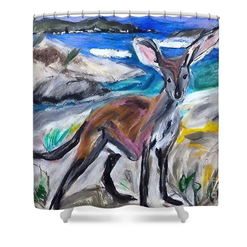 Background Shower Curtain featuring the painting Painting Red Kangaroo background blue landscape n by N Akkash