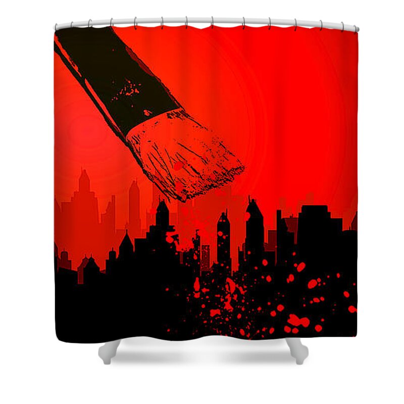 City Skyline Shower Curtain featuring the mixed media Painting the Town Red by Shelli Fitzpatrick