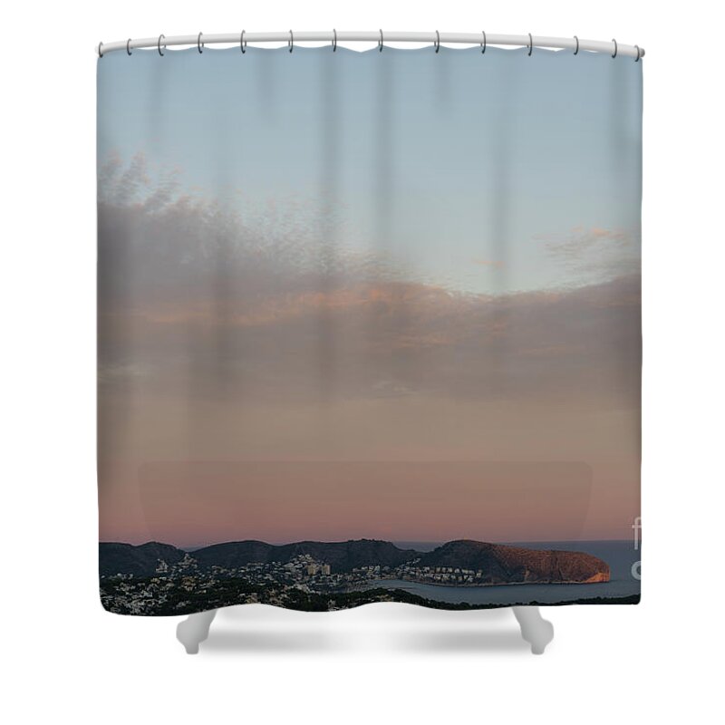 Mediterranean Coast Shower Curtain featuring the photograph Pale pink sky and soft clouds at sunset on the Mediterranean coast by Adriana Mueller