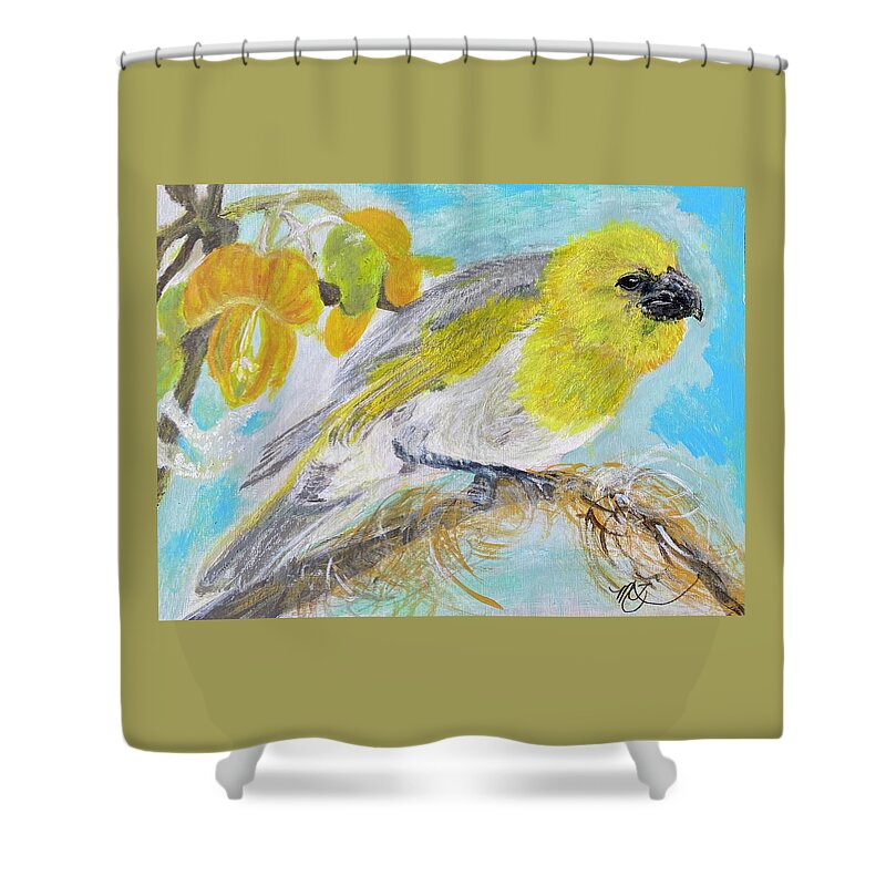 Palila Shower Curtain featuring the painting Palila in the Mamane Tree by Melody Fowler