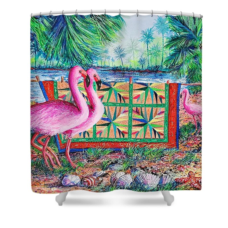 Palm Quilt Shower Curtain featuring the painting Palm Quilt Flamingos by Diane Phalen