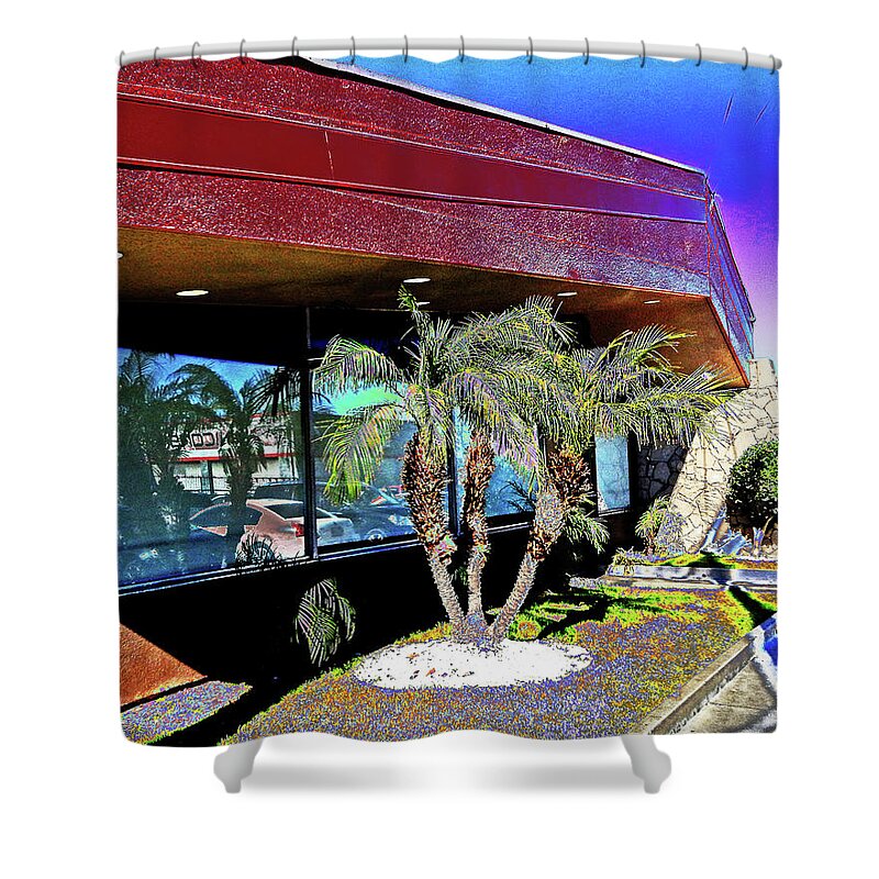 Palm. Tree Shower Curtain featuring the photograph Palm Tree Restaurant by Andrew Lawrence