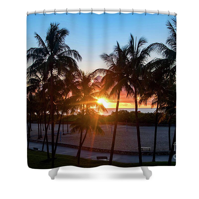 Palm Shower Curtain featuring the photograph Palm Tree Sunset on Ocean Drive South Beach Miami by Beachtown Views
