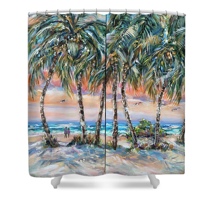 Tropical Shower Curtain featuring the painting Palms Along the Shore by Linda Olsen