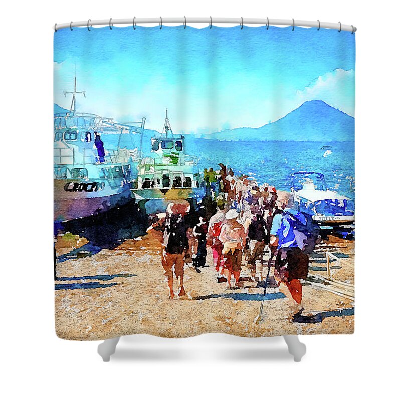 Panajachel Shower Curtain featuring the mixed media Panajachel departing point to Lake Atitlan, Guatemala by Tatiana Travelways