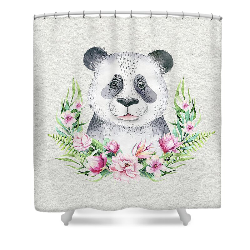 Panda Shower Curtain featuring the painting Panda Bear With Flowers by Nursery Art