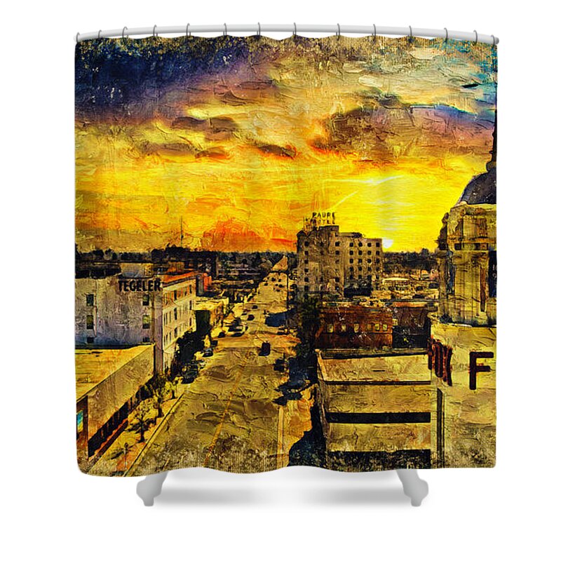 Bakersfield Shower Curtain featuring the digital art Panorama of downtown Bakersfield, California - digital painting by Nicko Prints