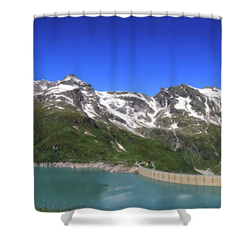 Vacation Shower Curtain featuring the photograph Panorama of Austrian dam Stausee Mooserboden by Vaclav Sonnek