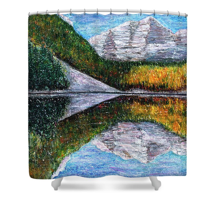 Olena Art Shower Curtain featuring the painting The Maroon Bells Peaks in the Rocky Mountains in Autumn by Lena Owens - OLena Art Vibrant Palette Knife and Graphic Design