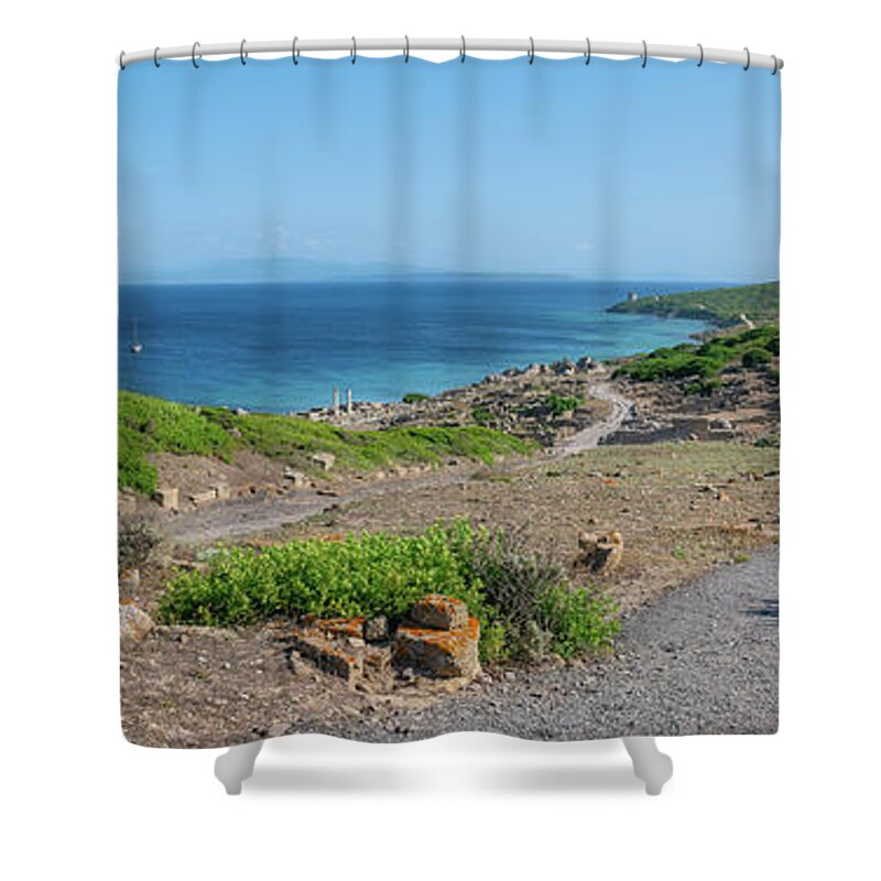 Tharros Shower Curtain featuring the photograph Panoramic Dreams - Archaeological Landscape of Tharros by Benoit Bruchez