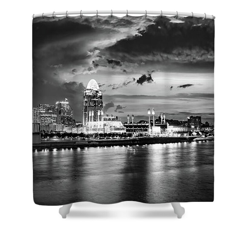 Cincy Skyline Shower Curtain featuring the photograph Panoramic John Roebling Bridge View Of Downtown Cincinnati Ohio - Black and White Edition by Gregory Ballos
