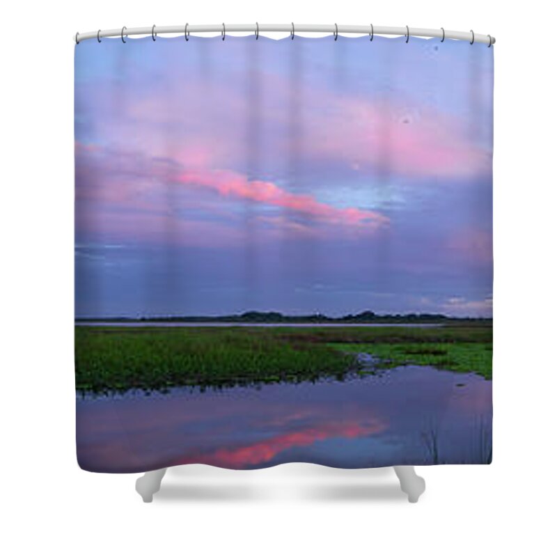 Sunset Shower Curtain featuring the photograph Panoramic Sunset Reflection by Carolyn Hutchins