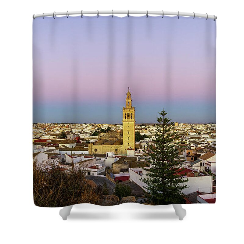 Spiritual Shower Curtain featuring the photograph Panoramic View of Lebrija in the Spanish Province of Seville Blue Hour by Pablo Avanzini