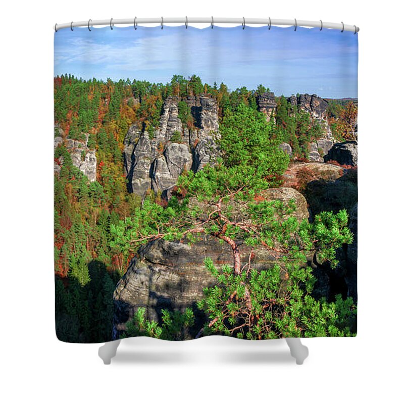 Saxon Switzerland Shower Curtain featuring the photograph Panoramic view of the Elbe Sandstone Mountains by Sun Travels