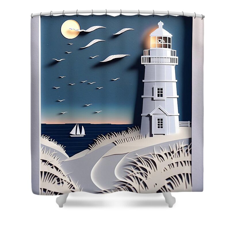 Nantucket Shower Curtain featuring the digital art Paper Lighthouse by Nickleen Mosher