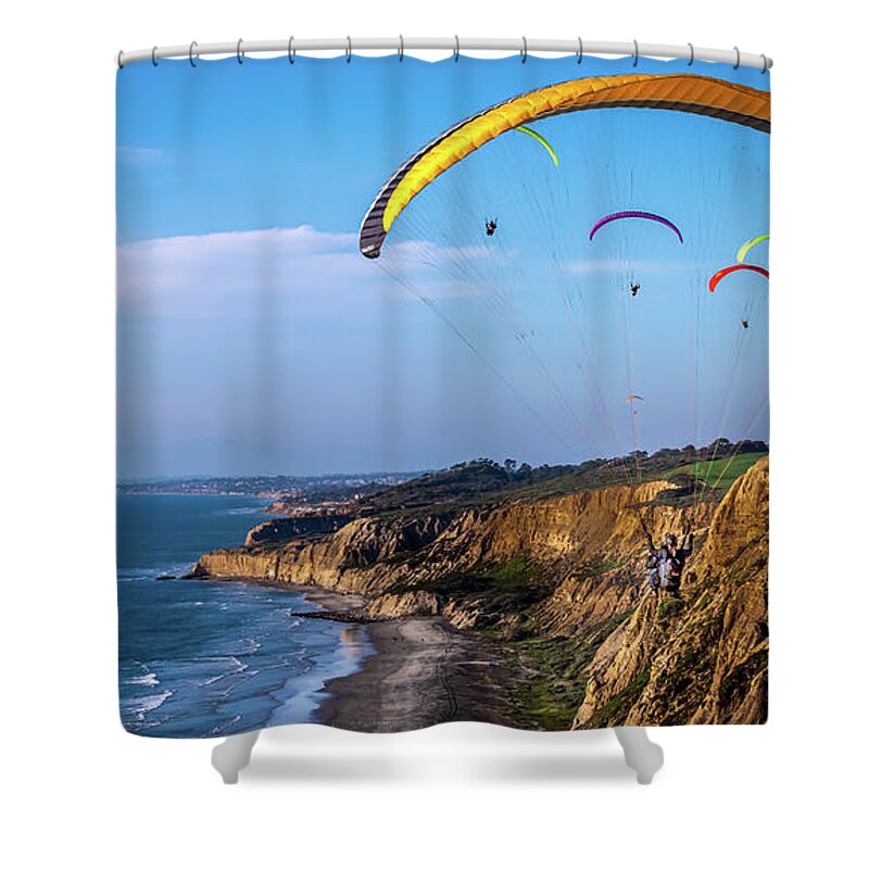 Beach Shower Curtain featuring the photograph Paragliders Flying Over Torrey Pines by David Levin
