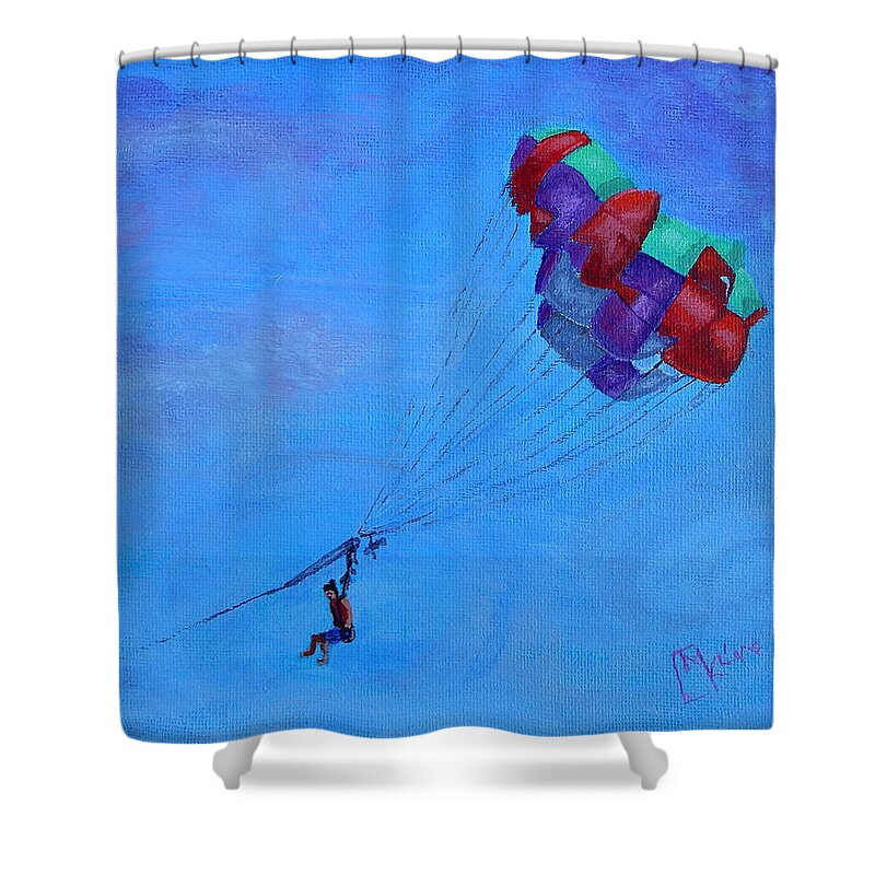 Parasail Shower Curtain featuring the painting Parasailor With a Manbun by Mike Kling