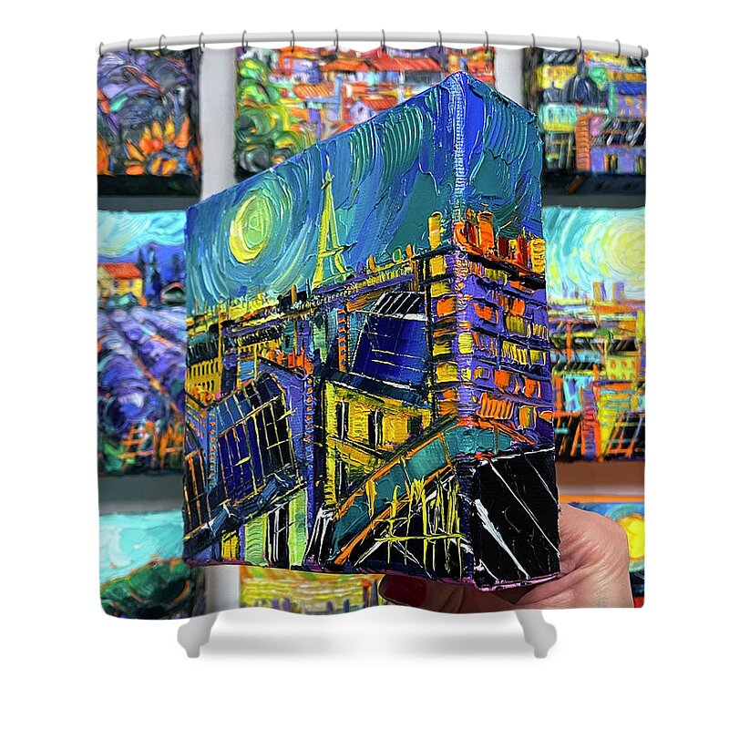 Paris Roofs By Moonlight Shower Curtain featuring the painting PARIS ROOFS BY MOONLIGHT - 3D canvas painted edges right side by Mona Edulesco