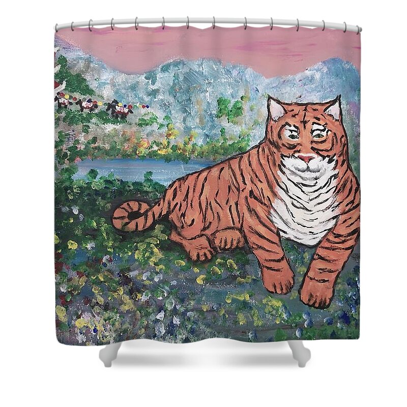Tiger Shower Curtain featuring the painting Paro Taktsang,Tiger's nest by Lisa Koyle