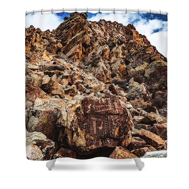 Parowan Shower Curtain featuring the photograph Parowan Gap Petroglyphs, Utah - Vertical by Abbie Matthews