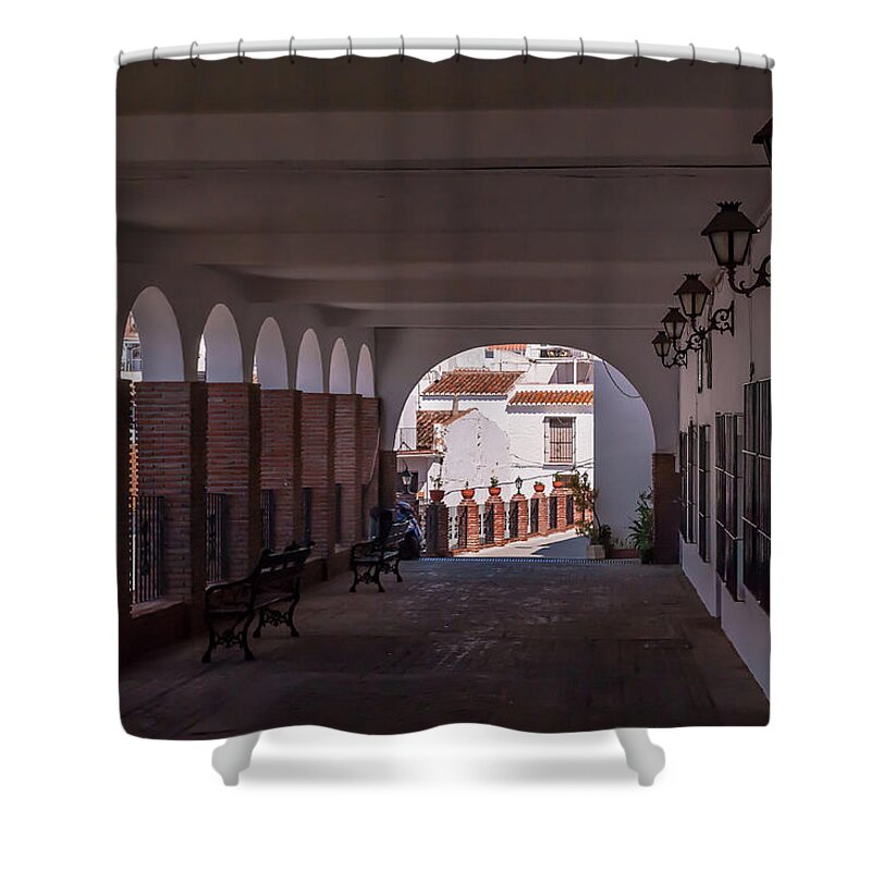 Jenny Rainbow Fine Art Shower Curtain featuring the photograph Passage with ViewPoint Arches in Mijas by Jenny Rainbow