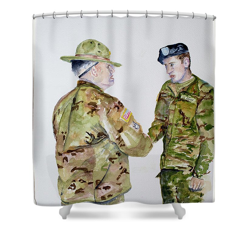 Soldier Shower Curtain featuring the painting Passing the Baton by Barbara F Johnson