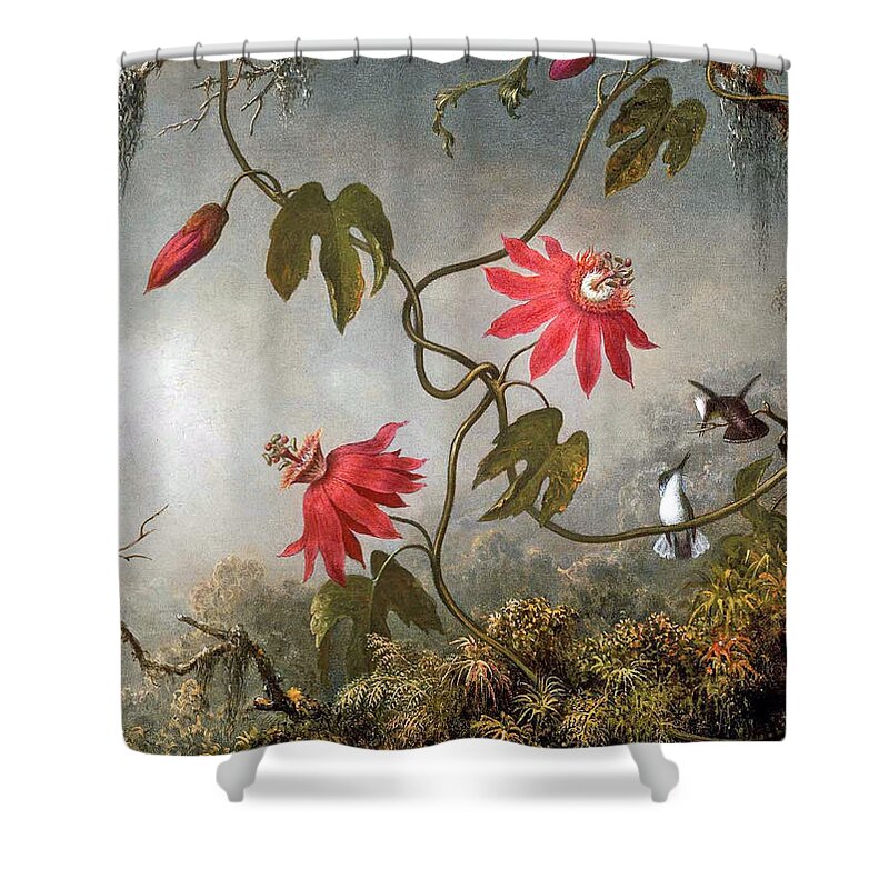 Passion Shower Curtain featuring the digital art Passion Flowers and Hummingbirds by Long Shot