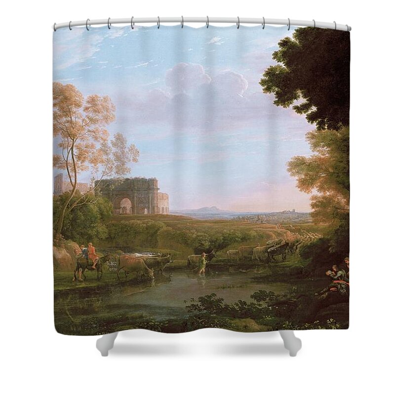 Mountain Shower Curtain featuring the painting Pastoral with the Arch of Constantine Claude Lorrain by MotionAge Designs