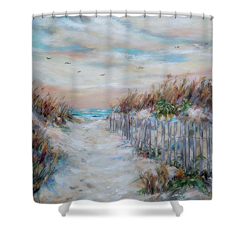 Beach Shower Curtain featuring the painting Path and Fence by Linda Olsen
