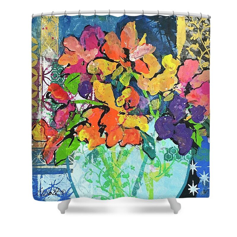 Mixed Flower Bouquet Shower Curtain featuring the painting Patio Profusion by Elaine Elliott