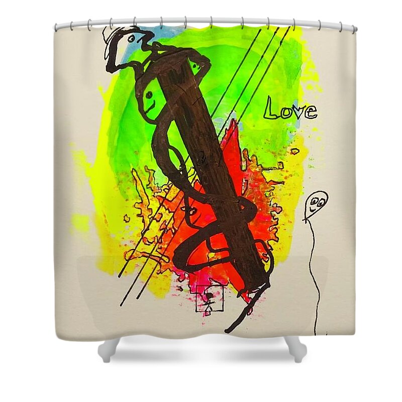 Shower Curtain featuring the mixed media Peace and Love Faces 81034 by Lew Hagood
