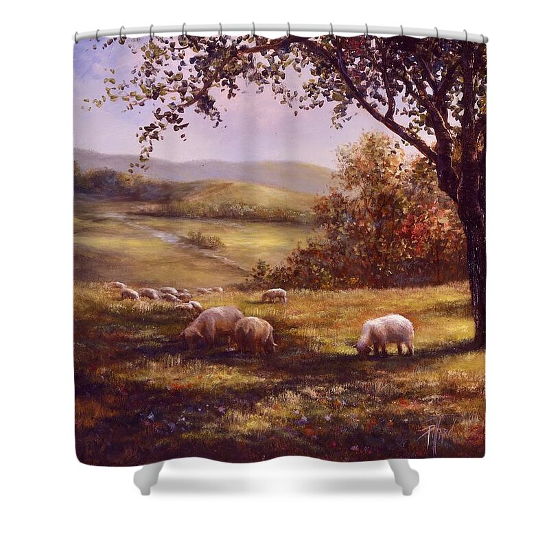 Country Landscape Shower Curtain featuring the painting Peaceful Pasture by Lynne Pittard