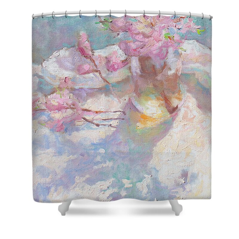 French Impressionism Shower Curtain featuring the painting Peach Blossoms by Srishti Wilhelm