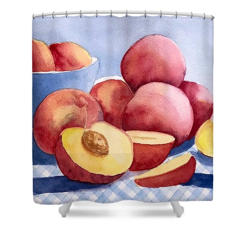 Peach Shower Curtain featuring the painting Peach Pie Prep by Nicole Curreri