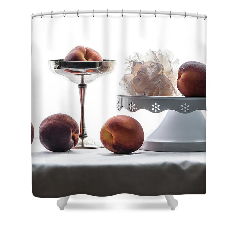 Still Life Shower Curtain featuring the photograph Peaches and Peony by Maggie Terlecki
