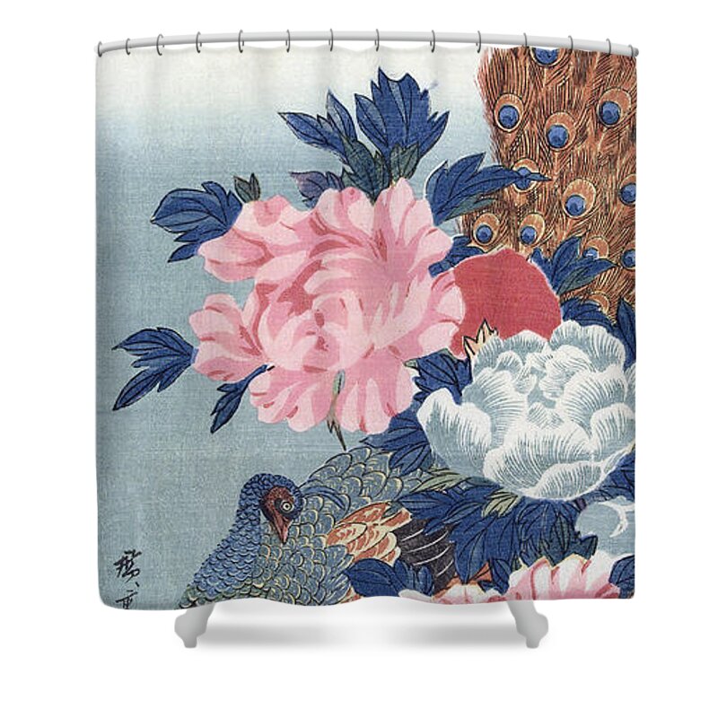 1835 Shower Curtain featuring the drawing PEACOCK AND PEONIES, c1835 by Utagawa Hiroshige
