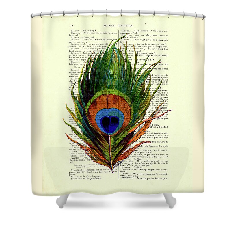 Peacock Shower Curtain featuring the digital art Peacock feather on French antique book page by Madame Memento