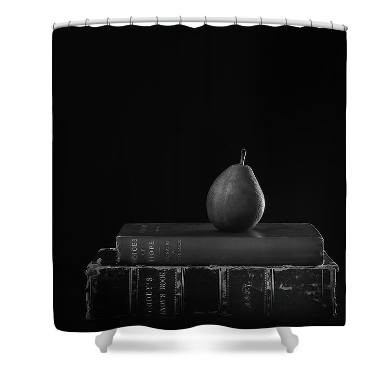Pear Shower Curtain featuring the photograph Pear on Books by Sylvia Goldkranz